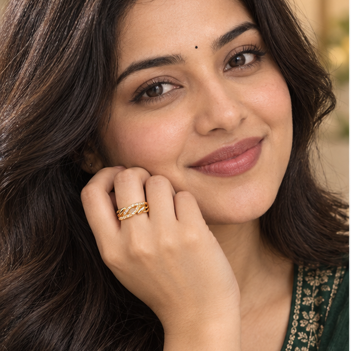 Ananta Leaf Infinity Sparkle Gold-Tone Ring worn by a model