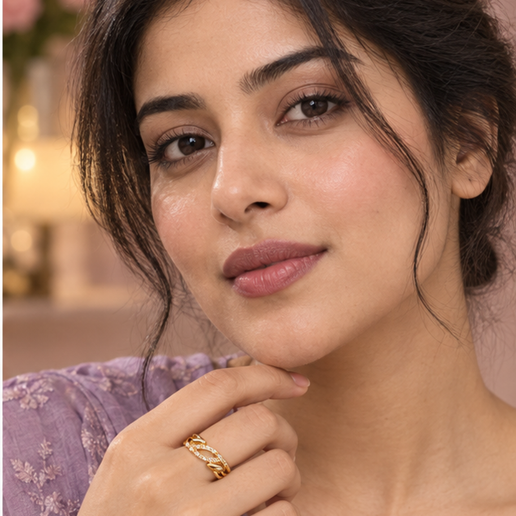 Model wearing the Ananta Leaf Infinity Sparkle Gold-Tone Ring — close-up