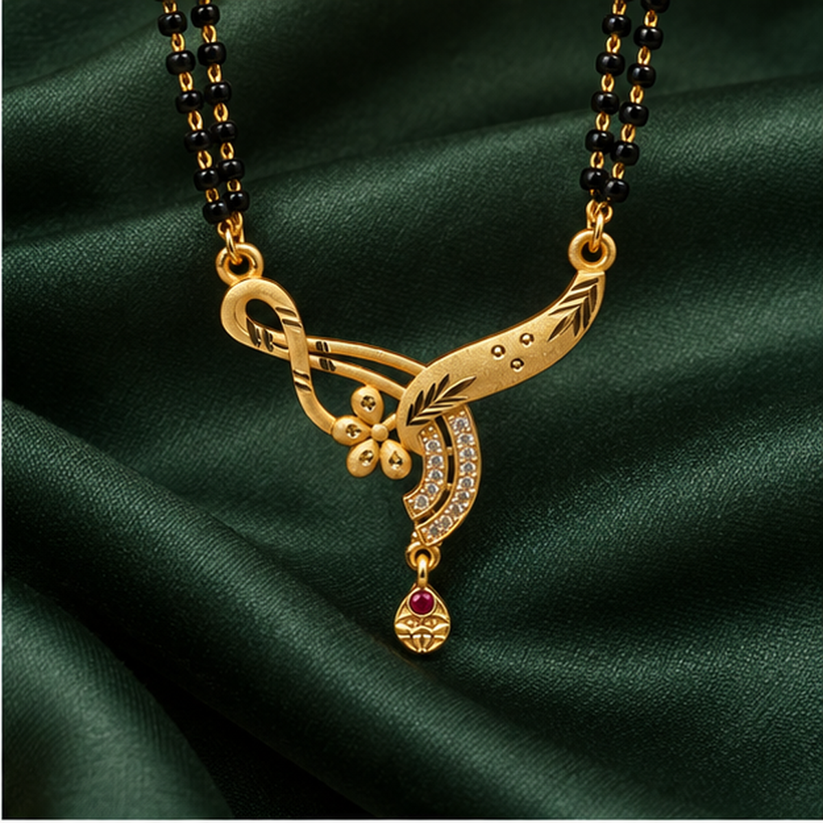 Anvika Infinity Bloom Mangalsutra on a forest green silk backdrop