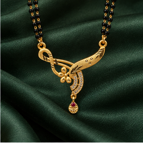 Anvika Infinity Bloom Mangalsutra on a forest green silk backdrop