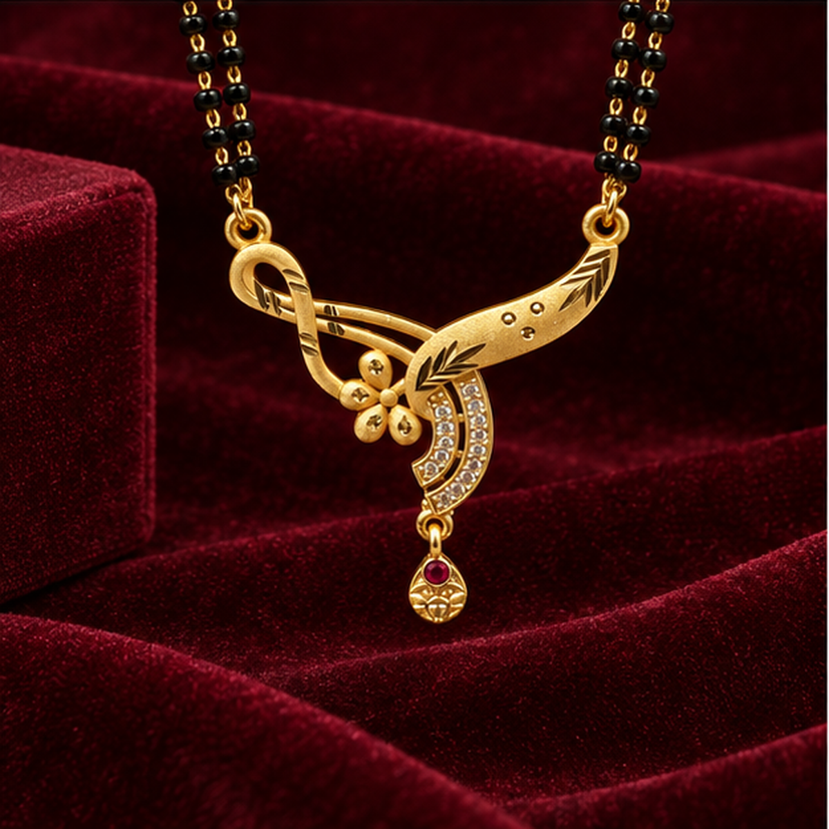 Anvika Infinity Bloom Mangalsutra on a wine velvet backdrop