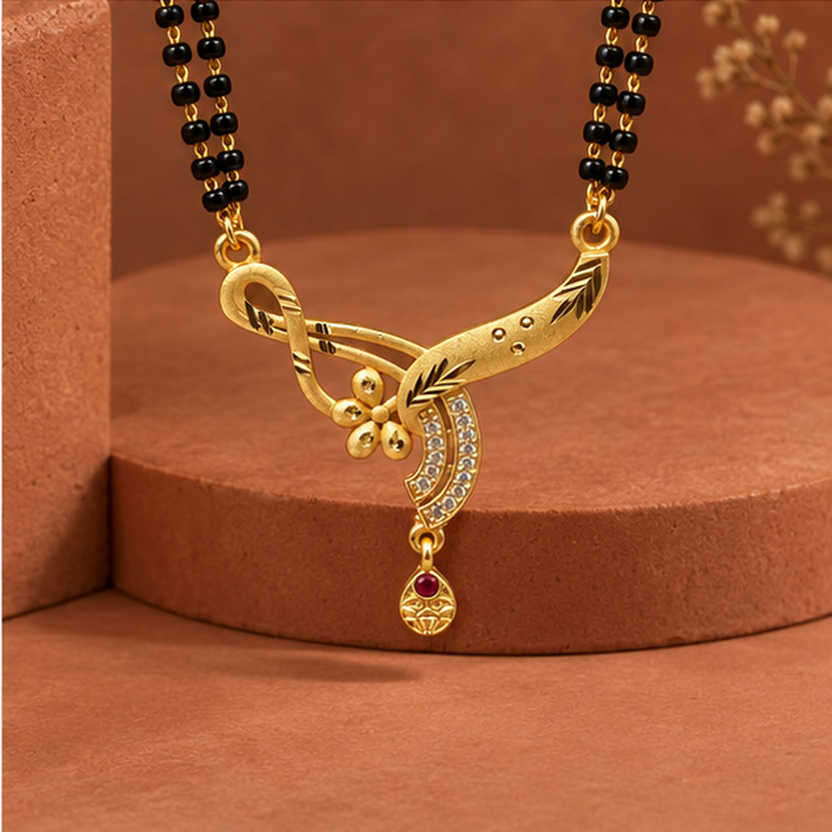 Anvika Infinity Bloom Mangalsutra photographed in a terracotta studio setting