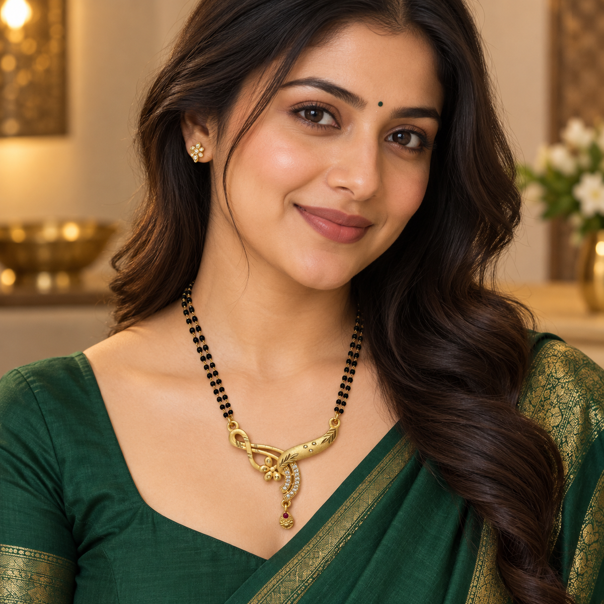 Model wearing the Anvika Infinity Bloom Mangalsutra with an emerald outfit