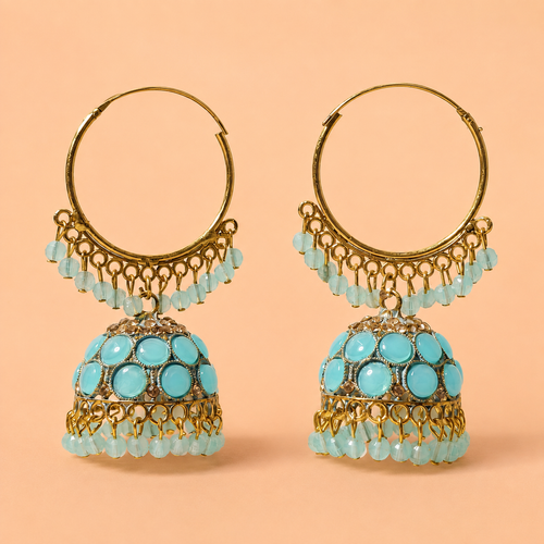 Aqua Noor Hoop Jhumka Earrings – Gold-Tone Beaded Design by MyJhumki