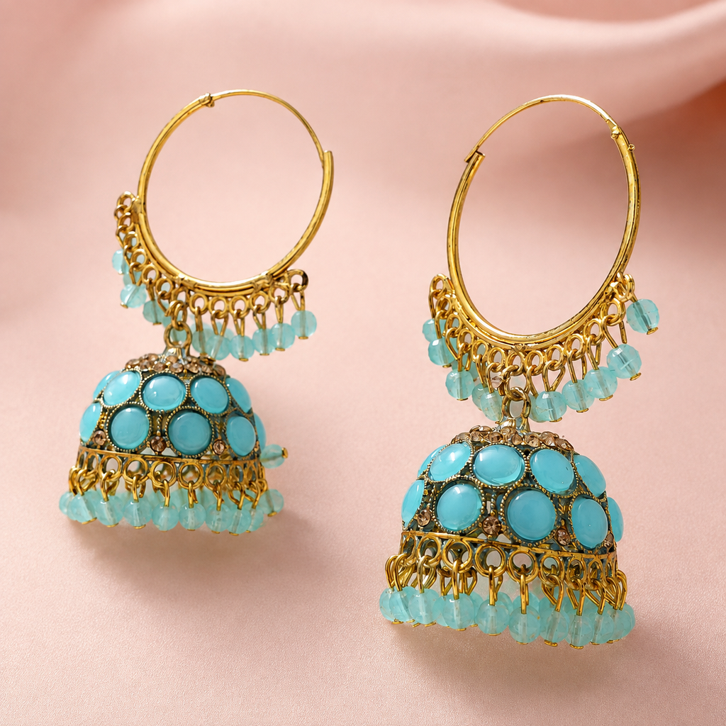 Aqua Noor Hoop Jhumka Earrings – Gold-Tone Beaded Design on a rose satin backdrop