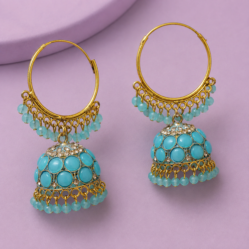 Aqua Noor Hoop Jhumka Earrings – Gold-Tone Beaded Design — close-up of the detailing on lilac