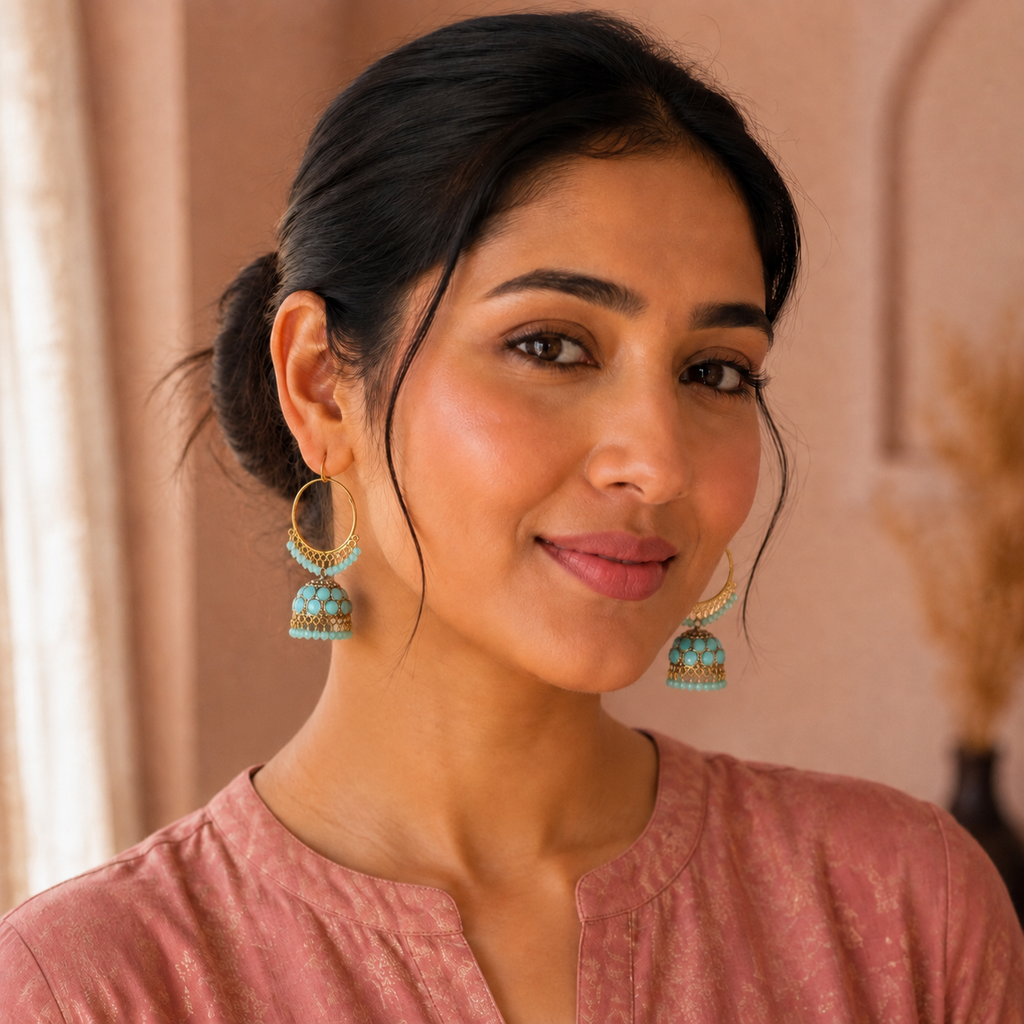 Aqua Noor Hoop Jhumka Earrings – Gold-Tone Beaded Design worn by a model