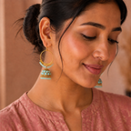 Model wearing the Aqua Noor Hoop Jhumka Earrings – Gold-Tone Beaded Design — close-up