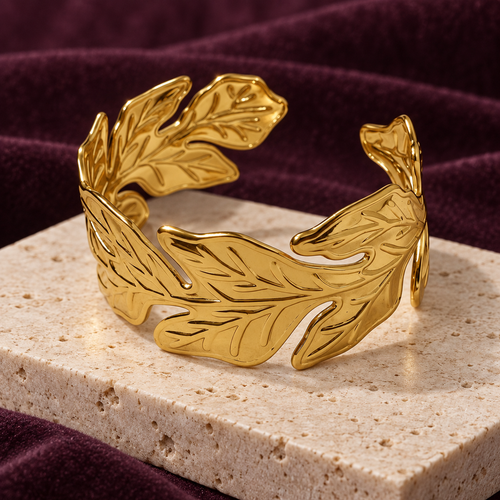 Aurelia Sculpted Leaf Gold Cuff Bracelet | MyJhumki