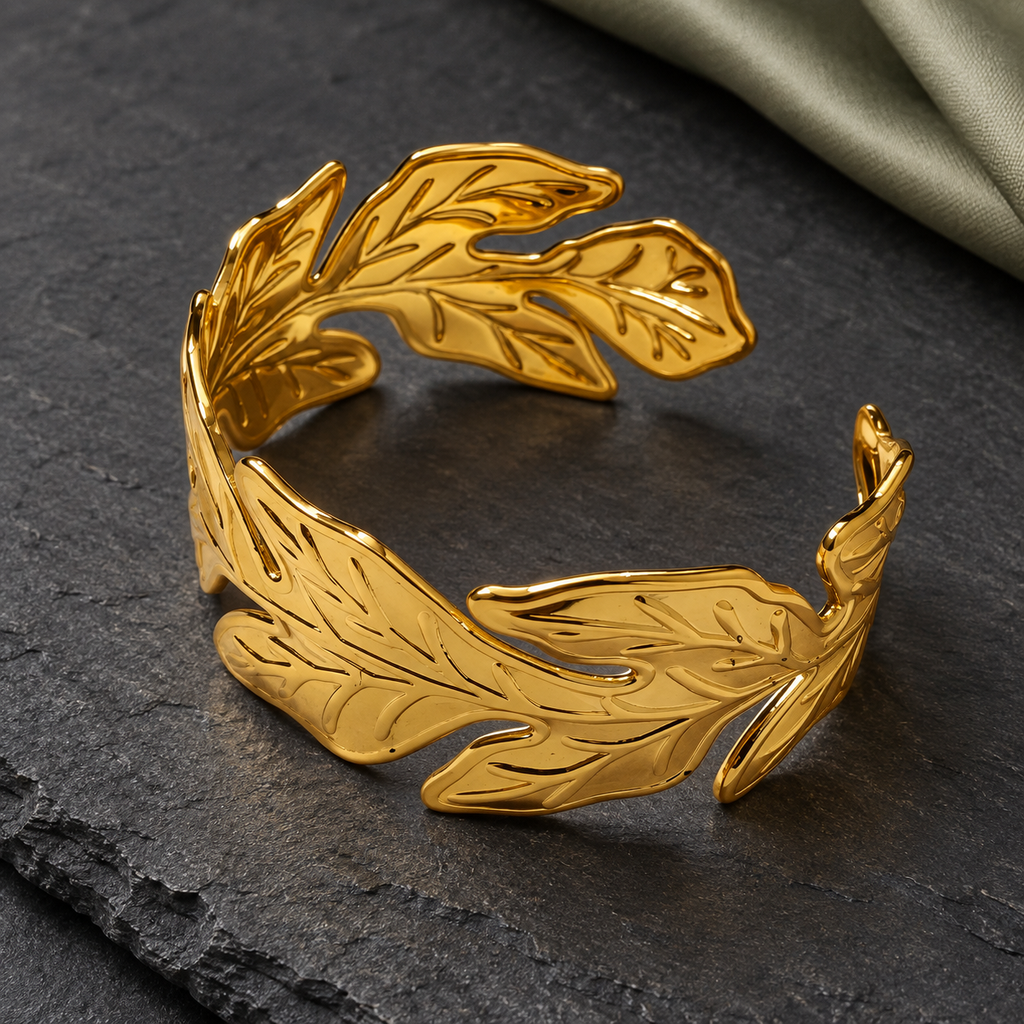 Aurelia Sculpted Leaf Gold Cuff Bracelet | MyJhumki