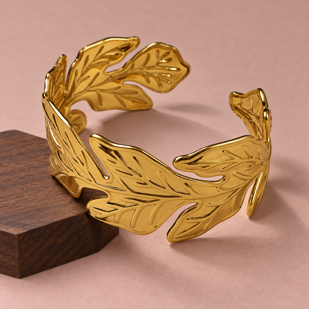 Aurelia Sculpted Leaf Gold Cuff Bracelet | MyJhumki