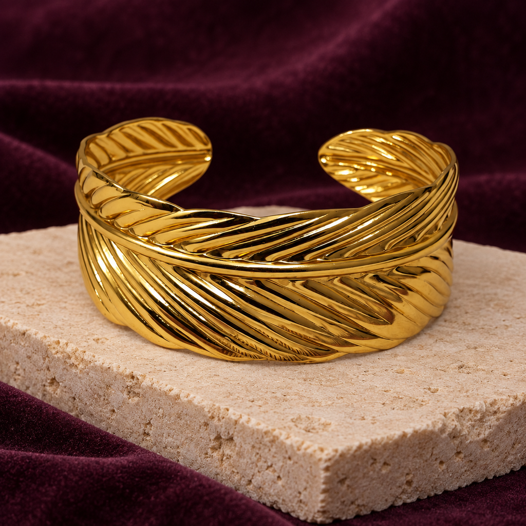 Avira Feather Crossover Gold Cuff Bracelet | MyJhumki