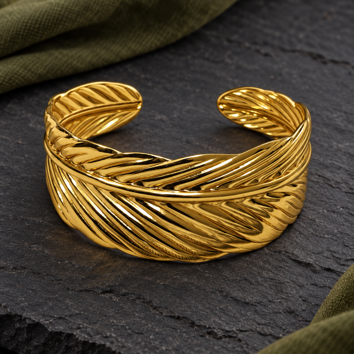 Avira Feather Crossover Gold Cuff Bracelet | MyJhumki