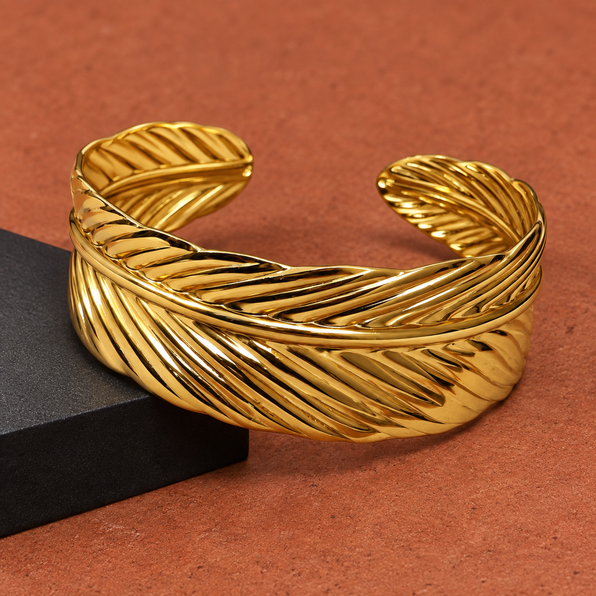 Avira Feather Crossover Gold Cuff Bracelet | MyJhumki