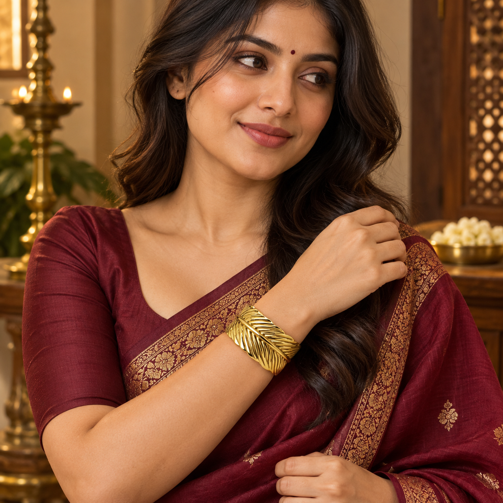 Avira Feather Crossover Gold Cuff Bracelet | MyJhumki