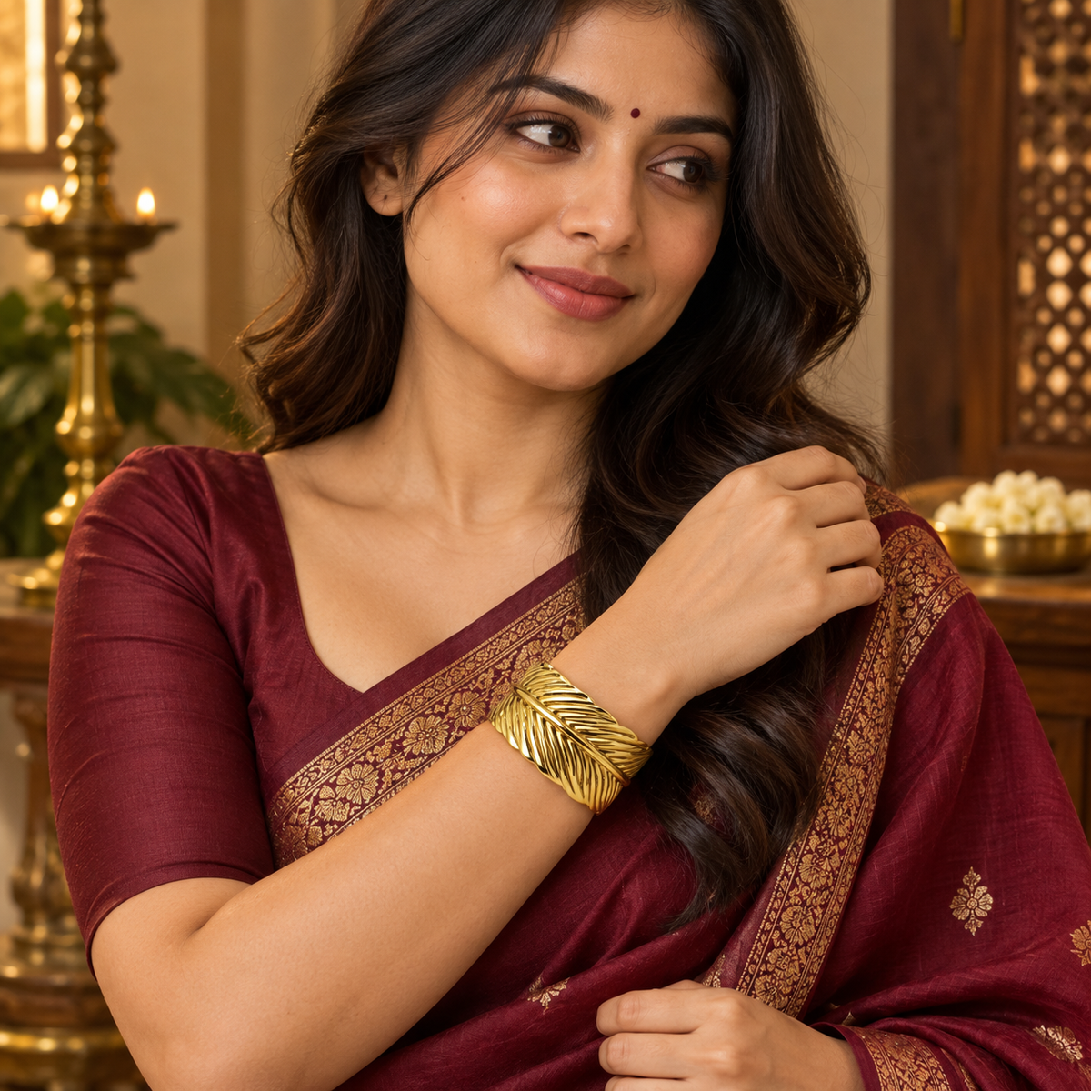 Avira Feather Crossover Gold Cuff Bracelet | MyJhumki