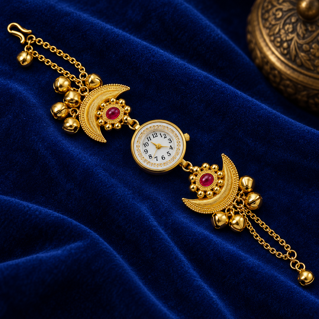 Chandrika Ruby Crescent Ghungroo Kashmiri Watch | MyJhumki