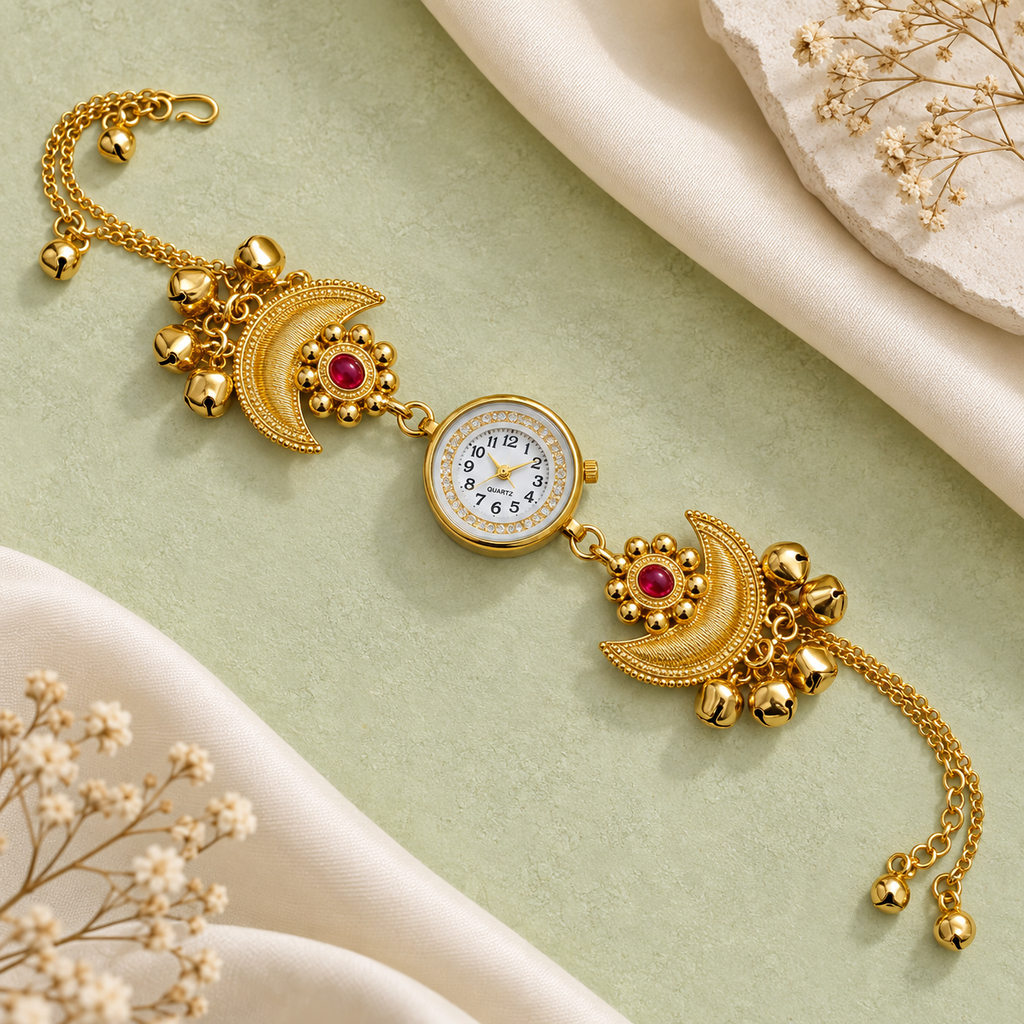 Chandrika Ruby Crescent Ghungroo Kashmiri Watch | MyJhumki