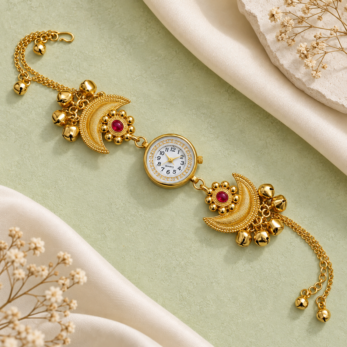 Chandrika Ruby Crescent Ghungroo Kashmiri Watch | MyJhumki