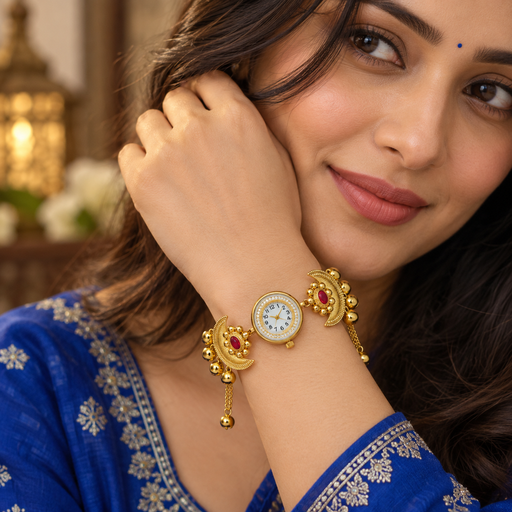 Chandrika Ruby Crescent Ghungroo Kashmiri Watch | MyJhumki