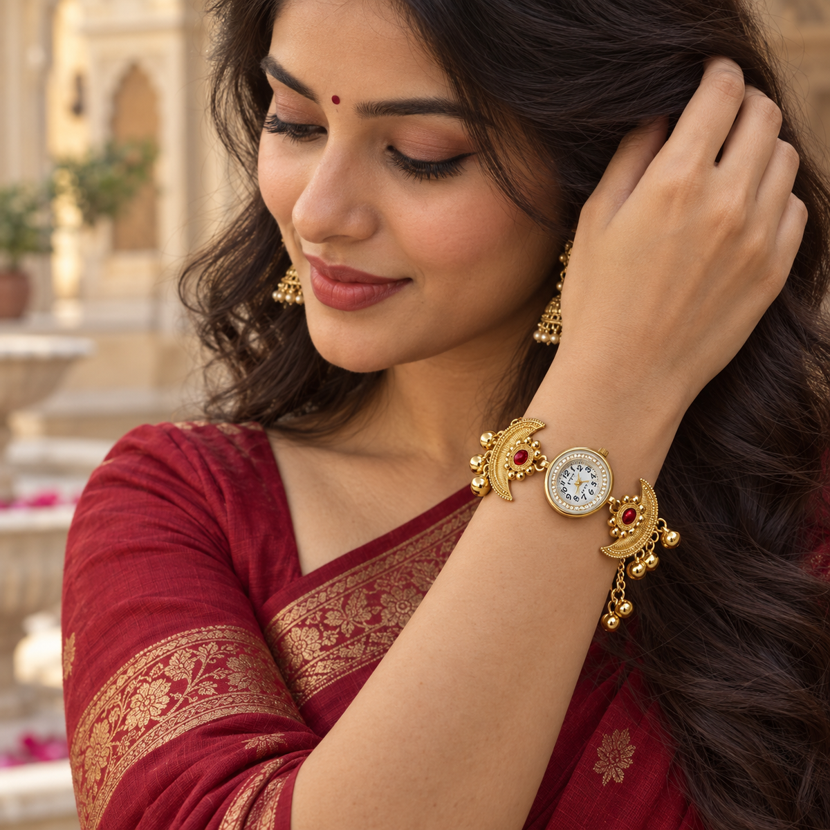 Chandrika Ruby Crescent Ghungroo Kashmiri Watch | MyJhumki