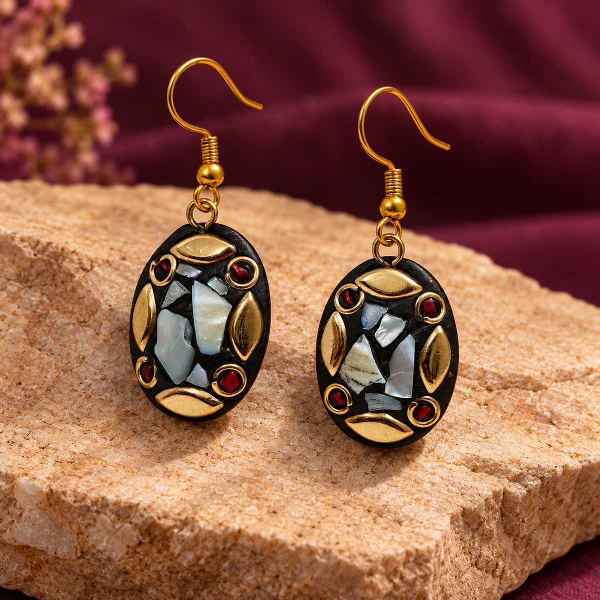 Chandrika Silver Mosaic Antique Oval Earrings | MyJhumki