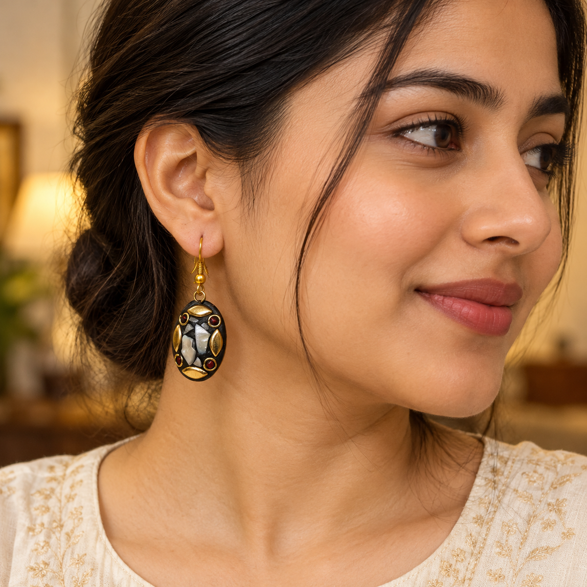 Chandrika Silver Mosaic Antique Oval Earrings | MyJhumki