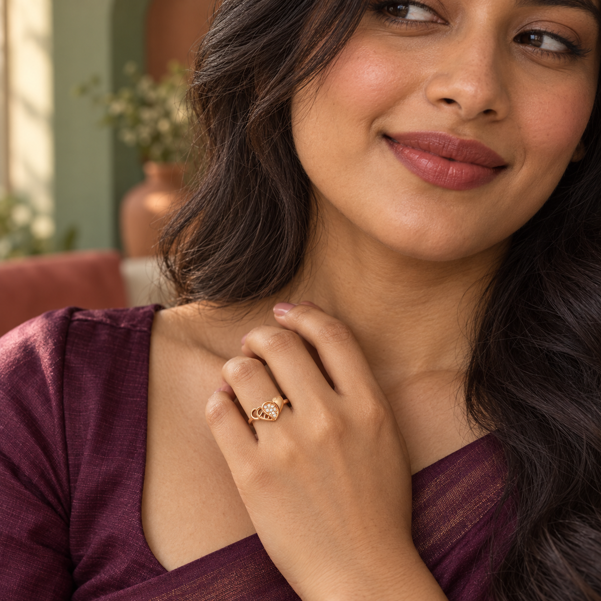 Dilruba Interlocking Heart Rose Gold-Tone Ring worn by a model
