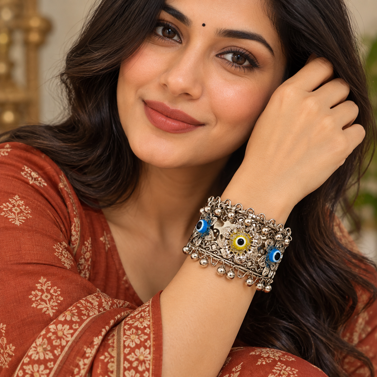 Drishti Blue Yellow Evil Eye Cuff Bracelet | MyJhumki