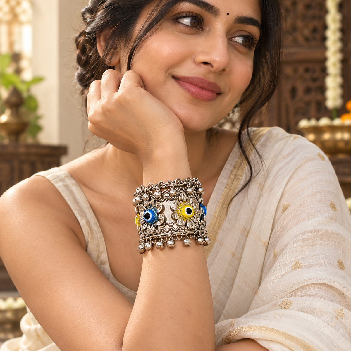 Drishti Blue Yellow Evil Eye Cuff Bracelet | MyJhumki