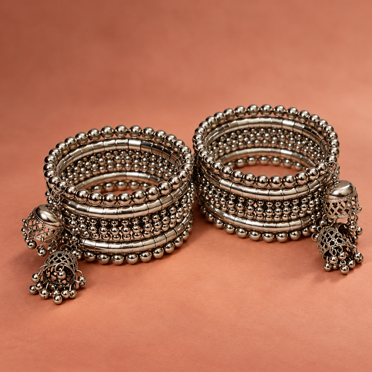 Ghunghroo Bead Row Oxidised Cuff Bracelet Pair | MyJhumki
