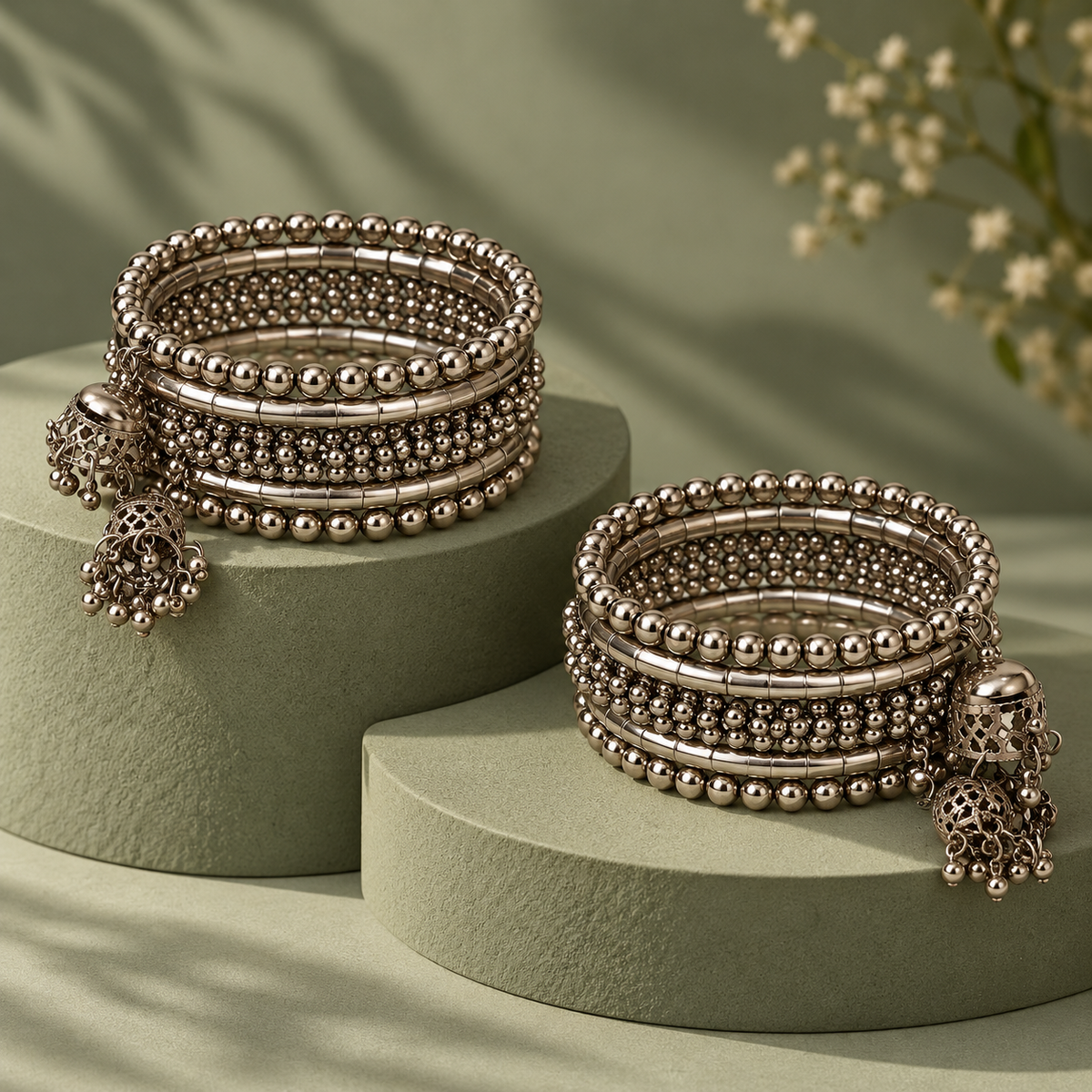 Ghunghroo Bead Row Oxidised Cuff Bracelet Pair | MyJhumki