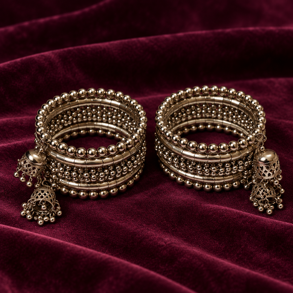 Ghunghroo Bead Row Oxidised Cuff Bracelet Pair | MyJhumki