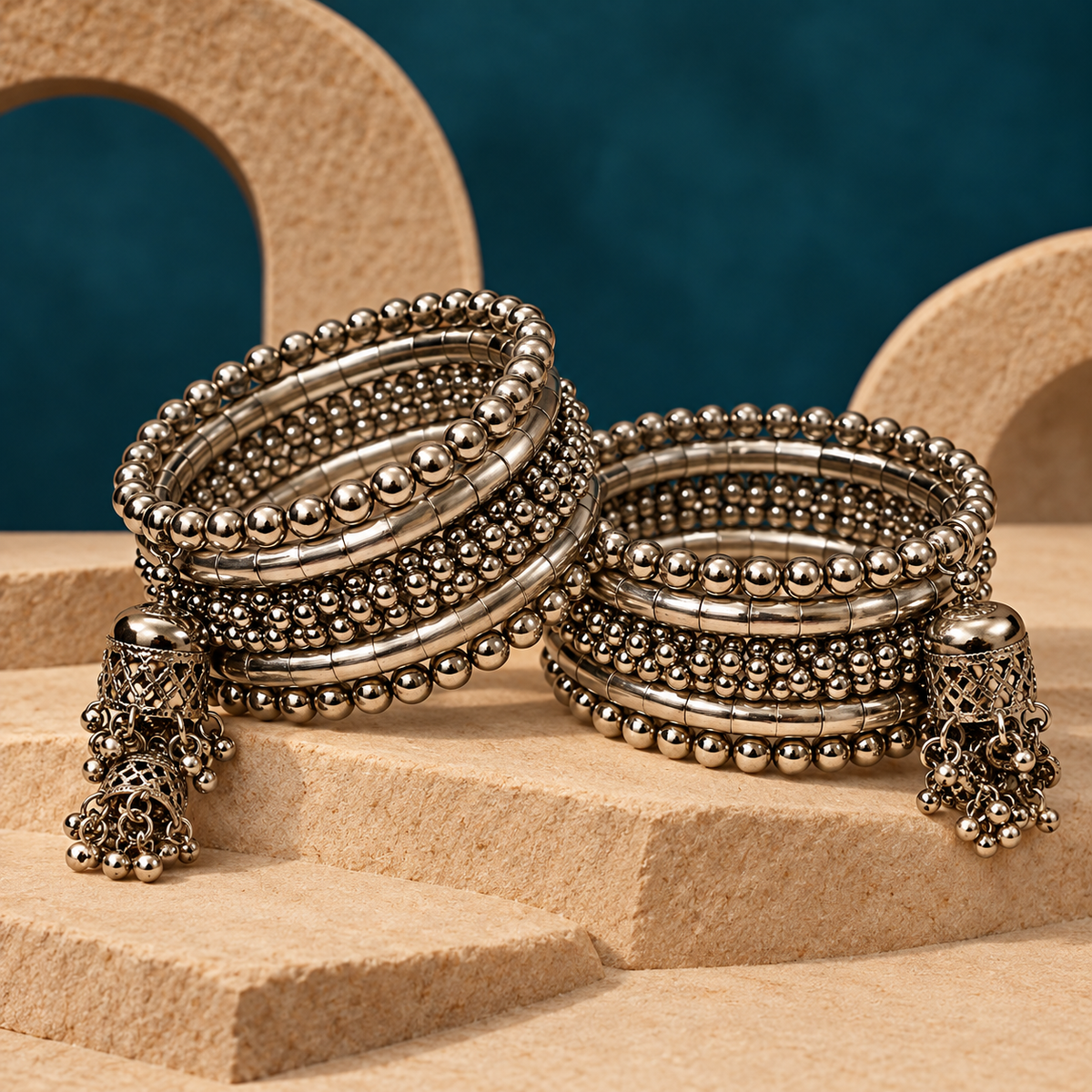 Ghunghroo Bead Row Oxidised Cuff Bracelet Pair | MyJhumki