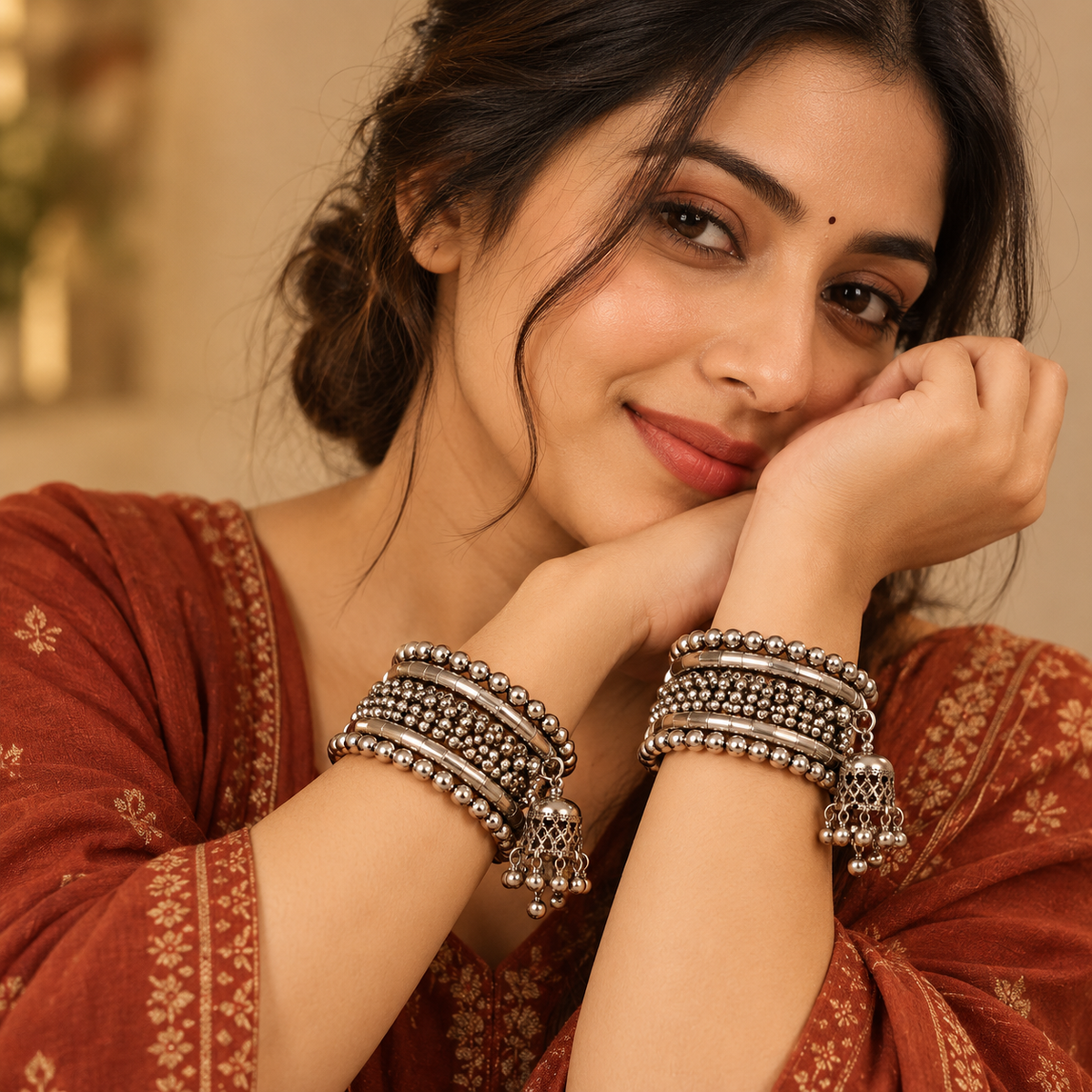 Ghunghroo Bead Row Oxidised Cuff Bracelet Pair | MyJhumki