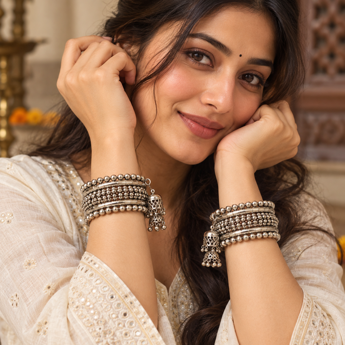 Ghunghroo Bead Row Oxidised Cuff Bracelet Pair | MyJhumki