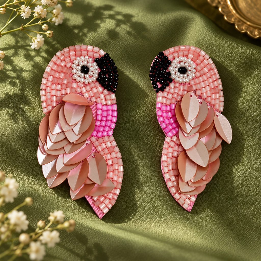 Gulabi Blush Parrot Statement Earrings | MyJhumki