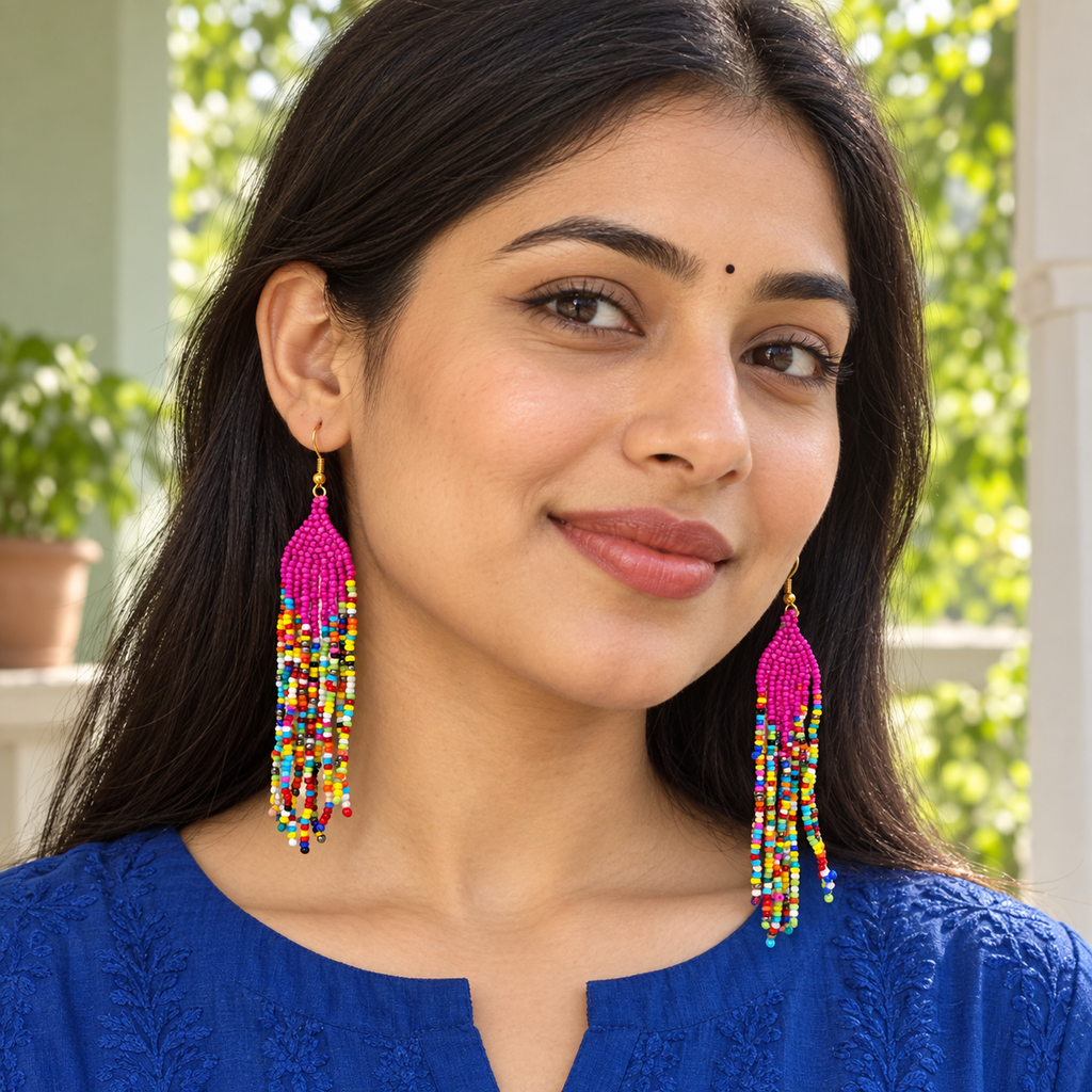 Gulabi Multicolour Beaded Tassel Earrings | MyJhumki