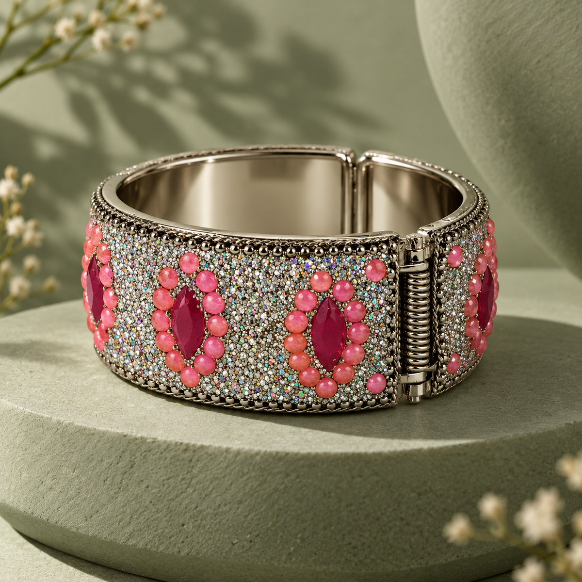 Gulabi Nazar Pink Crystal Hinged Cuff Bracelet | MyJhumki
