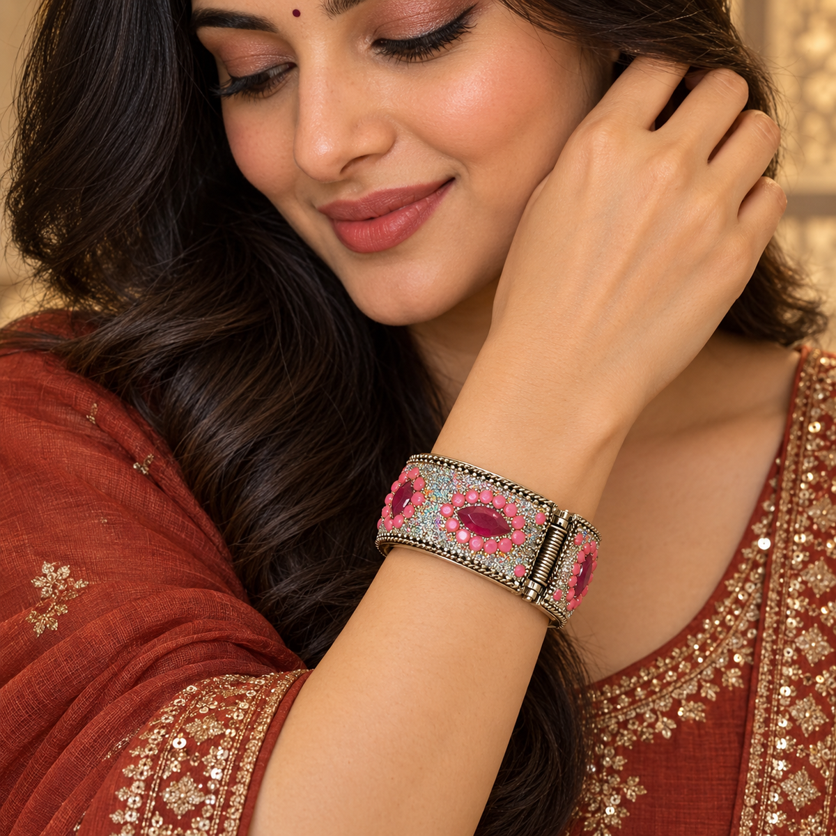 Gulabi Nazar Pink Crystal Hinged Cuff Bracelet | MyJhumki