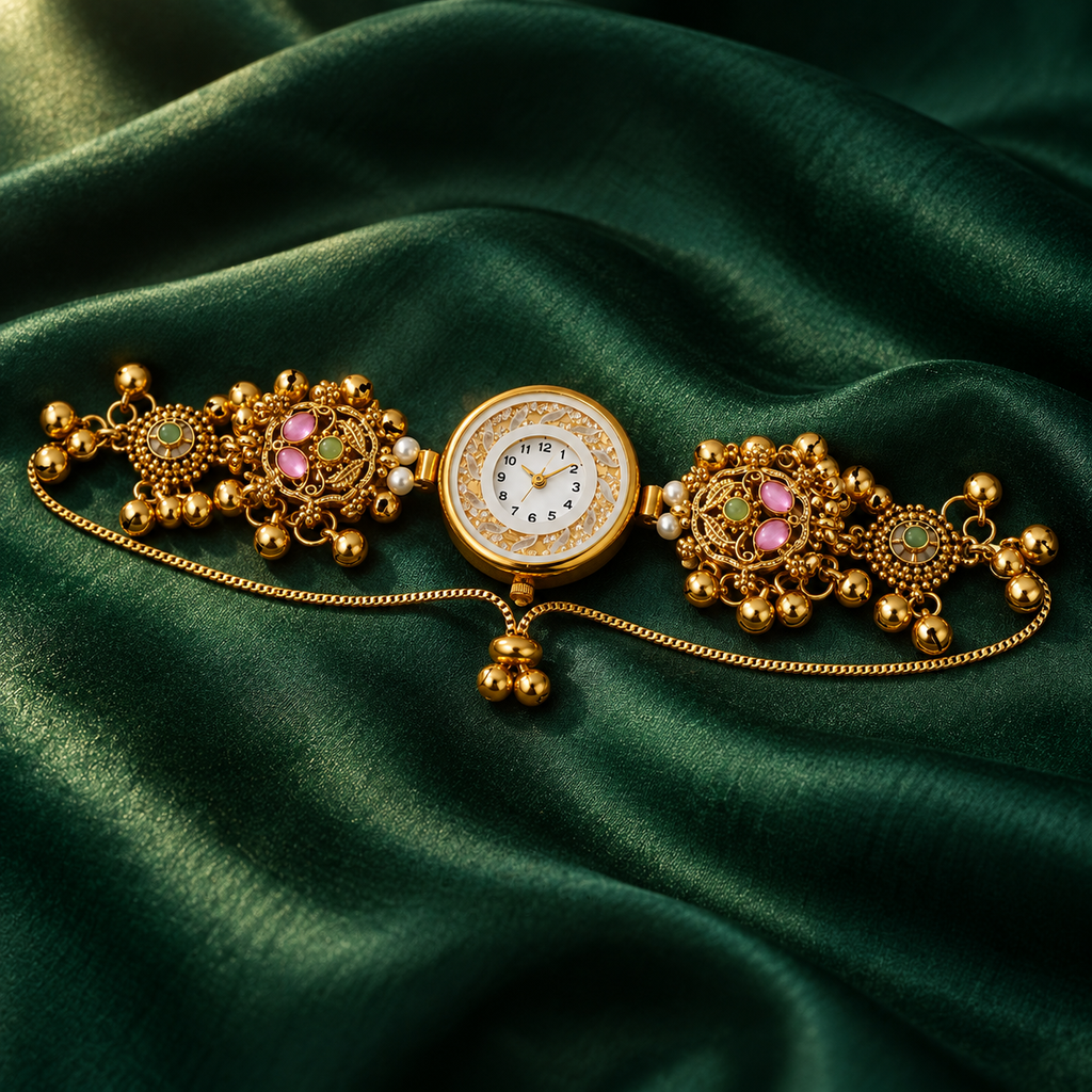 Gulabi Noor Floral Pearl Kashmiri Jewellery Watch on an emerald silk backdrop