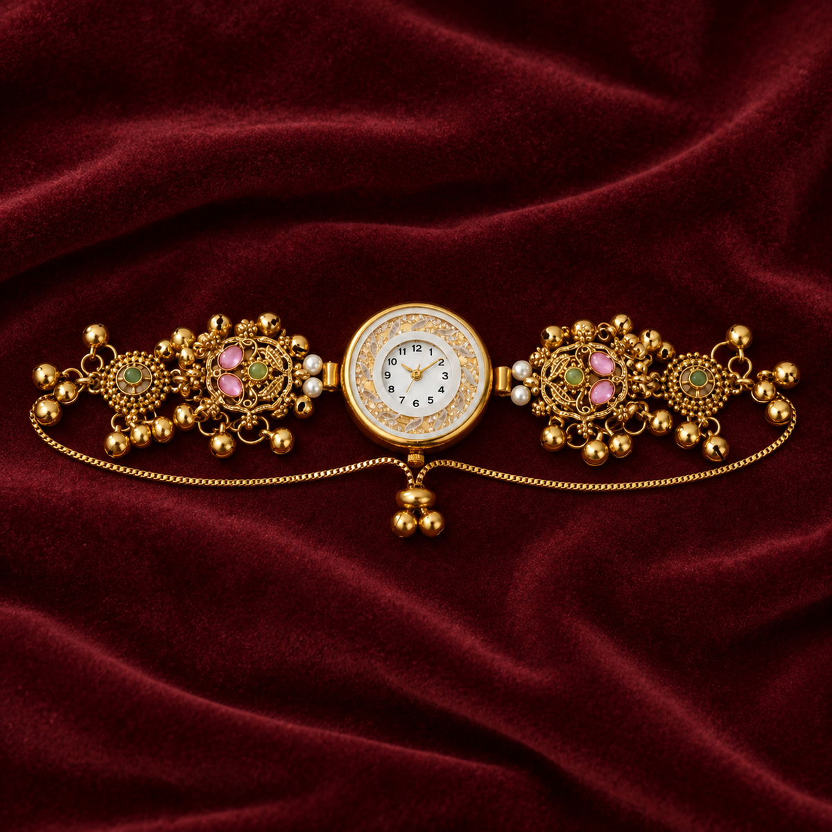 Gulabi Noor Floral Pearl Kashmiri Jewellery Watch on a wine velvet backdrop