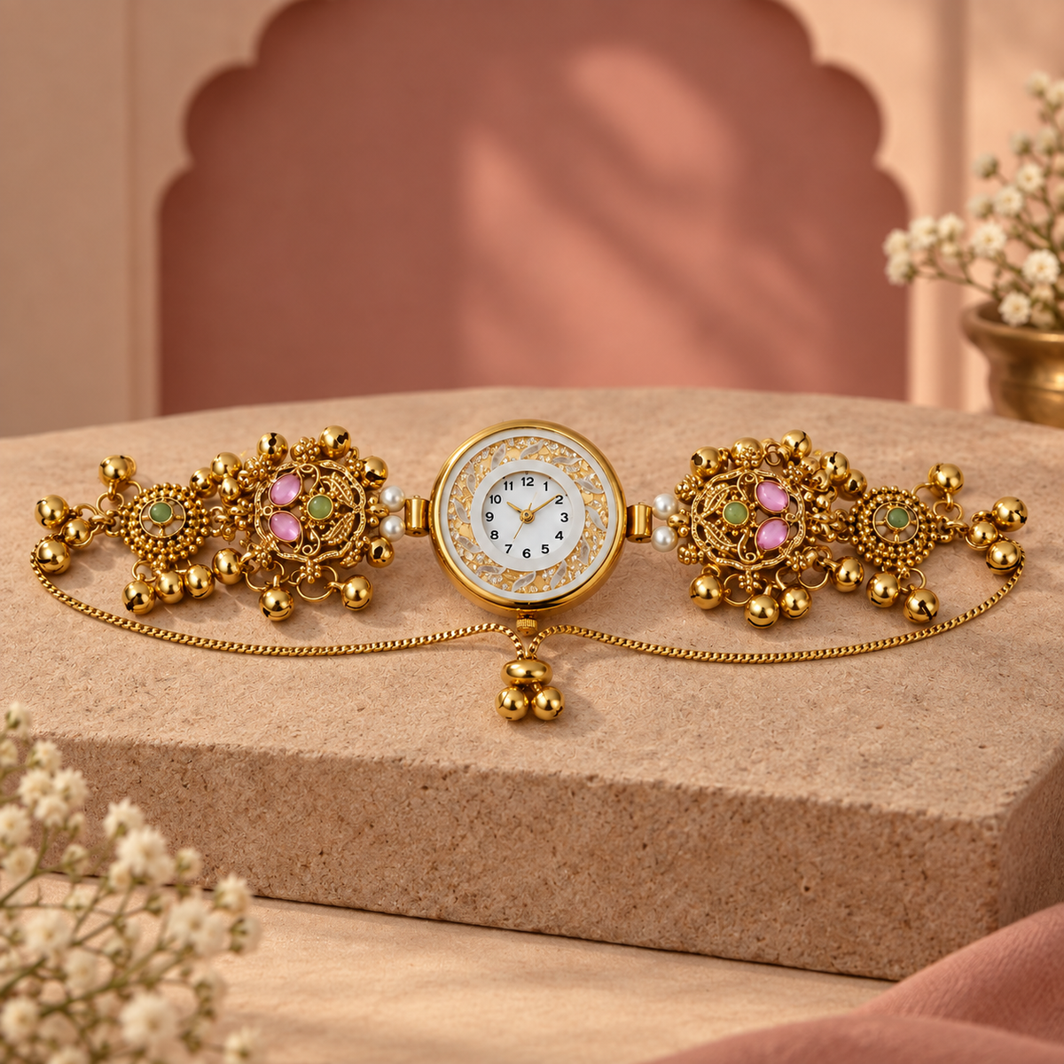 Gulabi Noor Floral Pearl Kashmiri Jewellery Watch on a rose sandstone background