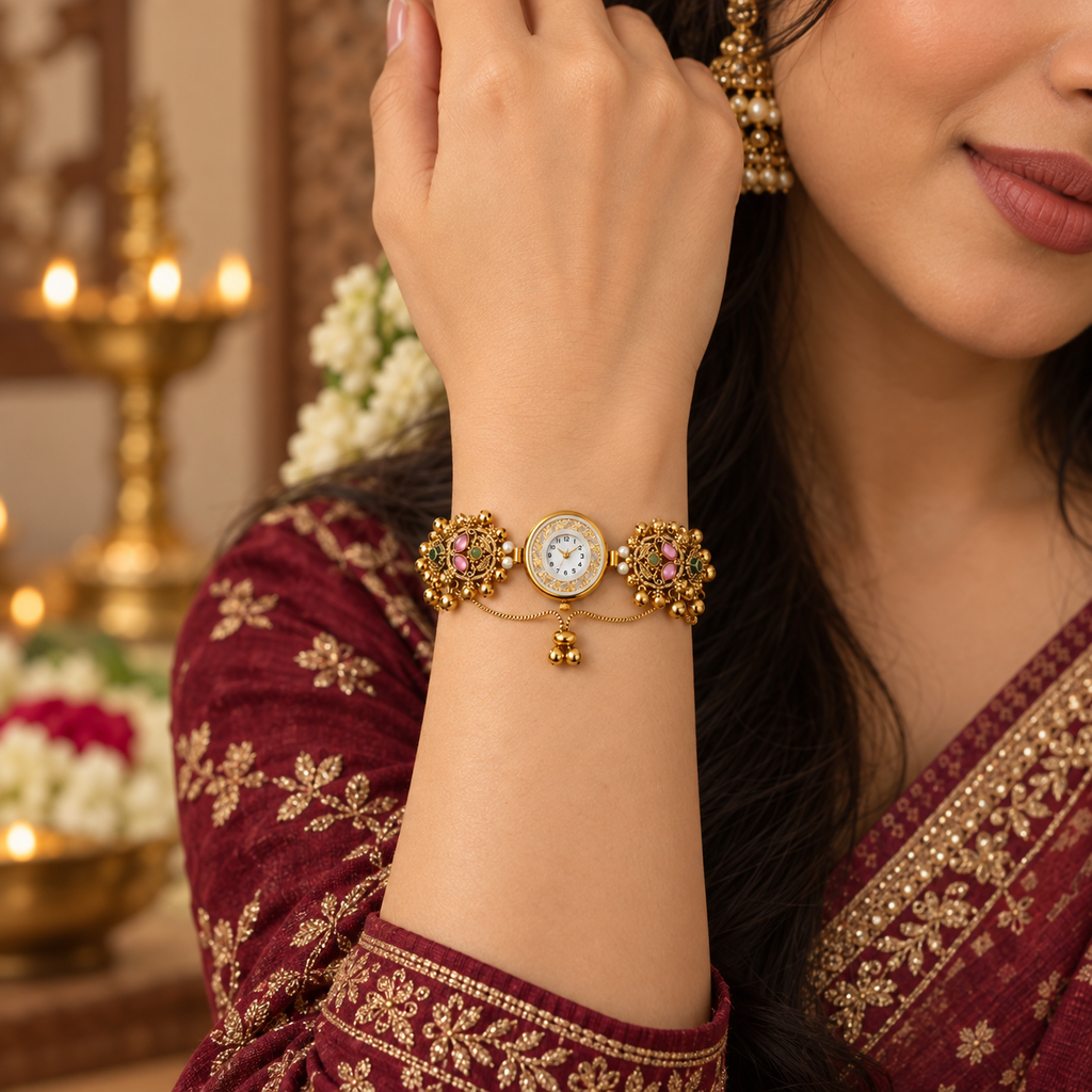 Model wearing the Gulabi Noor Floral Pearl Kashmiri Jewellery Watch with a wine outfit