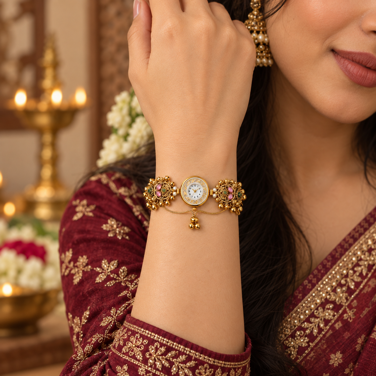 Model wearing the Gulabi Noor Floral Pearl Kashmiri Jewellery Watch with a wine outfit