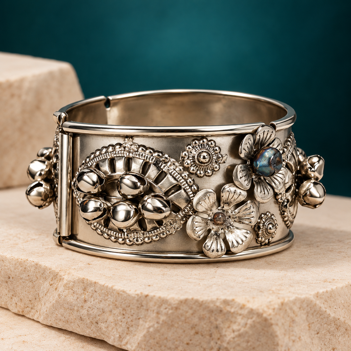 Gulbahar Floral Oxidised Silver Cuff Bracelet | MyJhumki