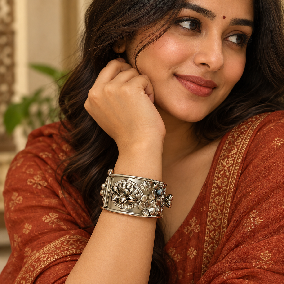Gulbahar Floral Oxidised Silver Cuff Bracelet | MyJhumki