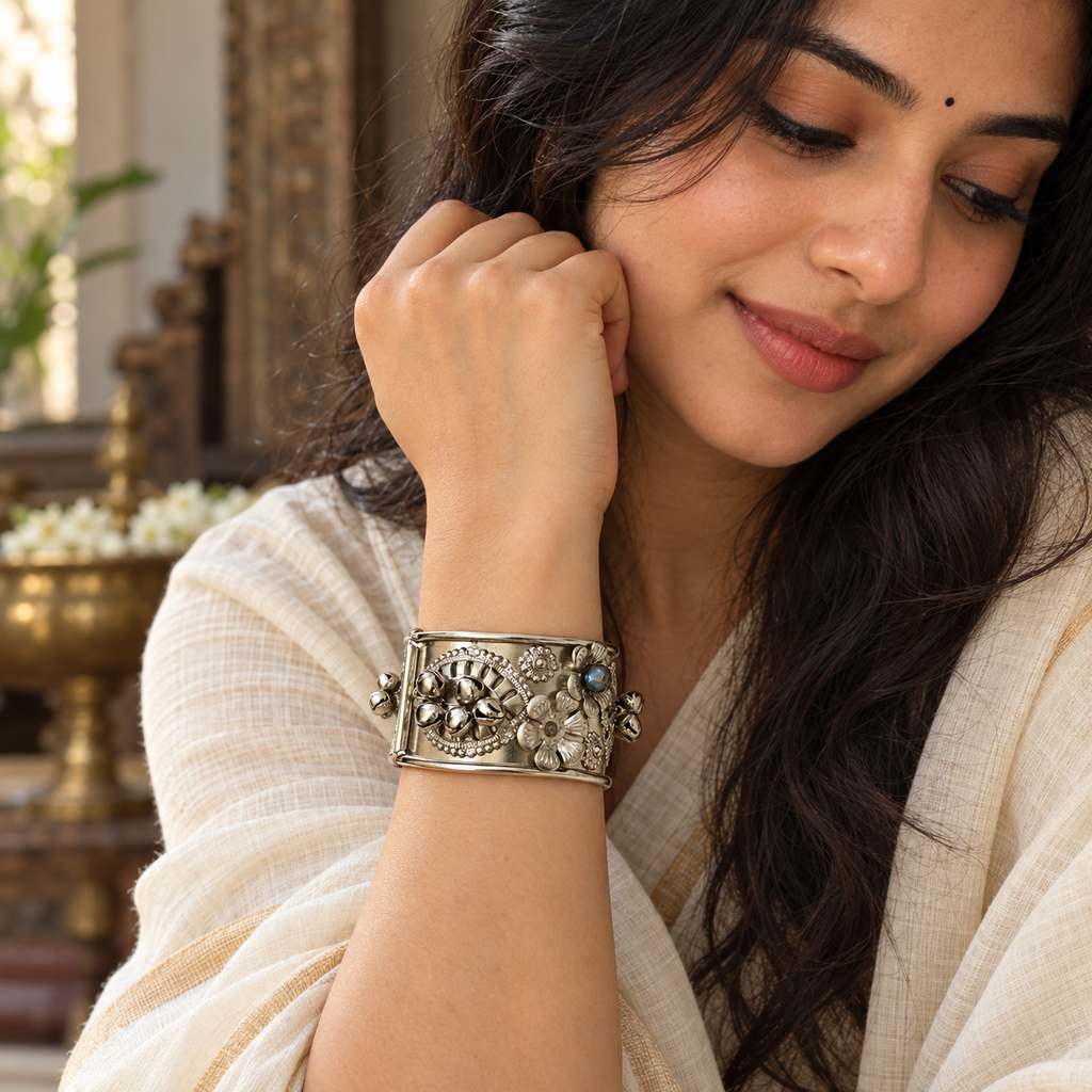 Gulbahar Floral Oxidised Silver Cuff Bracelet | MyJhumki