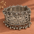 Gulnaar Floral Ghungroo Silver Cuff | MyJhumki