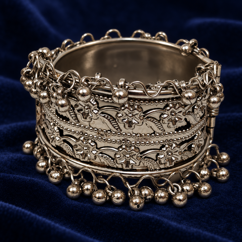 Gulnaar Floral Ghungroo Silver Cuff | MyJhumki